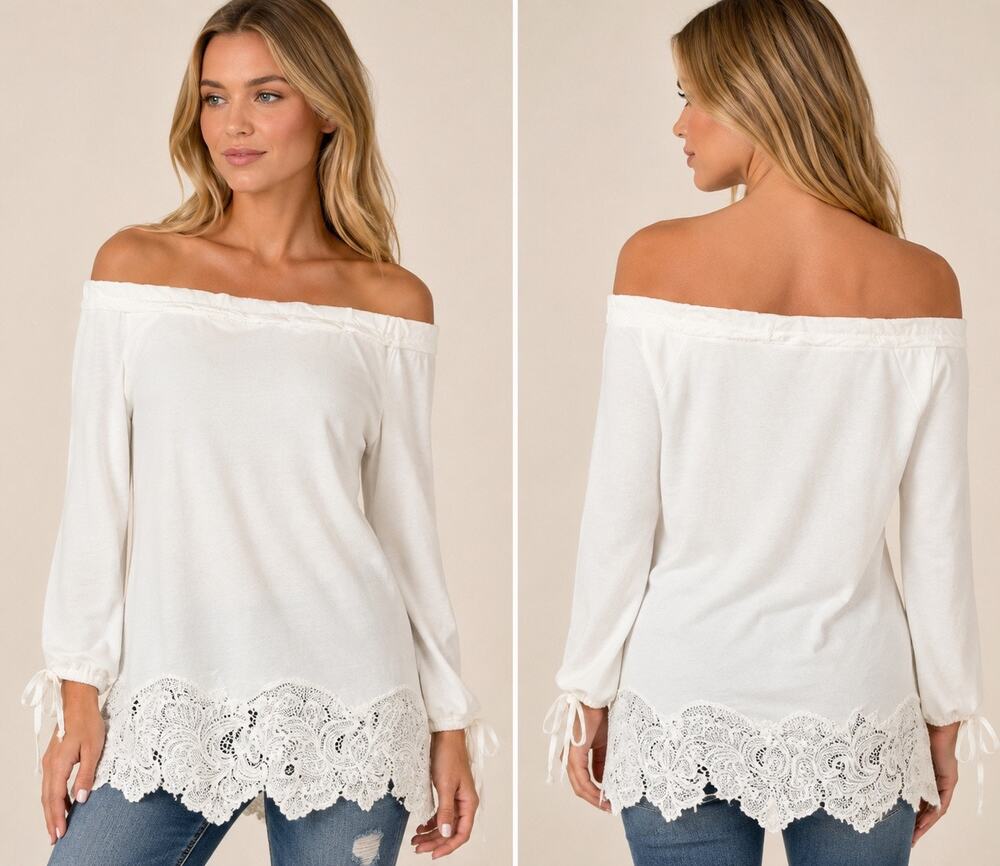 Grey State White Off-the-Shoulder Lace Trim Sweatshirt 100% Cotton Oversized NWT